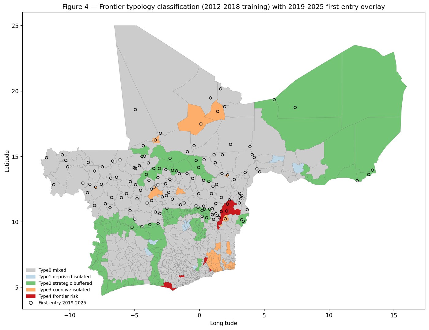 Frontier-typology classification map of West and Central Africa, 2012 to 2018 training with 2019 to 2025 first-entry overlay